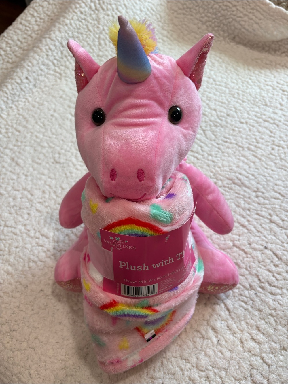 Pink Plush Unicorn Toy with Rainbow Throw